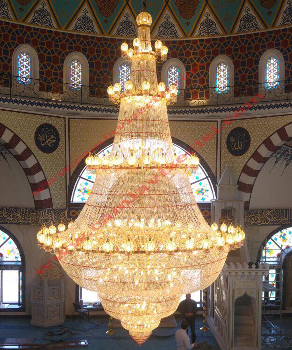 Taç Model Taşlı Cami Avizeleri 3 metre 4 katlı