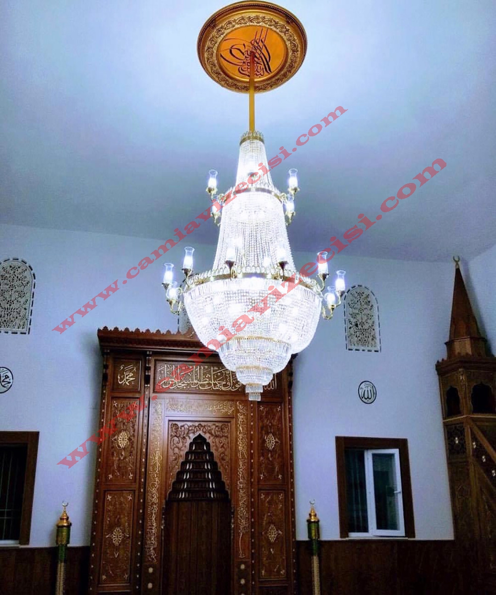 Yakut Model Cami Avizesi 1,5 metre taşlı kristal cami avizesi